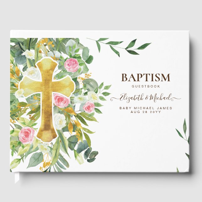 Pretty Greenery Gold Cross Baptism Christening Guest Book (Front)
