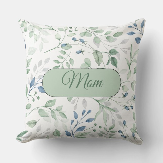 Pretty Greenery Pillow Blue and Green Leaves MOM (Front)