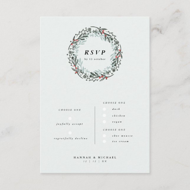 Pretty greenery RSVP card with menu choice (Front)