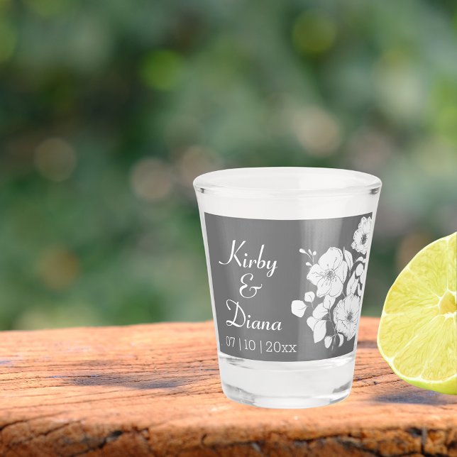 Pretty Grey and White Floral Wedding  Shot Glass (Creator Uploaded)