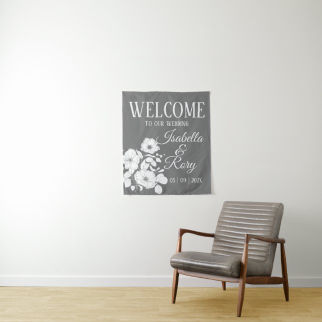 Pretty Grey and White Floral Wedding Welcome Tapestry (In Situ)