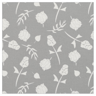 Pretty Grey and White Roses Rosebud Floral Print Fabric