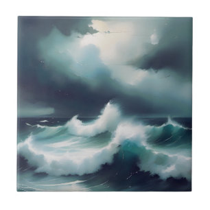 Pretty grey Blue Ocean waves watercolor painting Tile