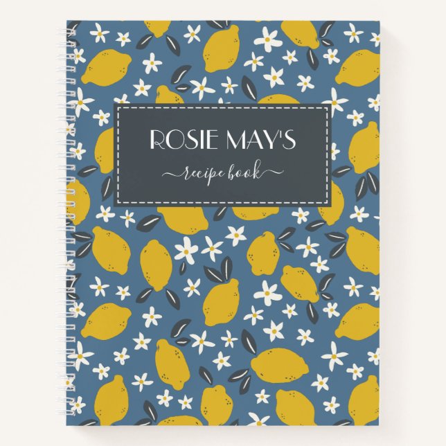 Pretty Grey Blue Yellow Lemon Pattern Recipe Notebook (Front)