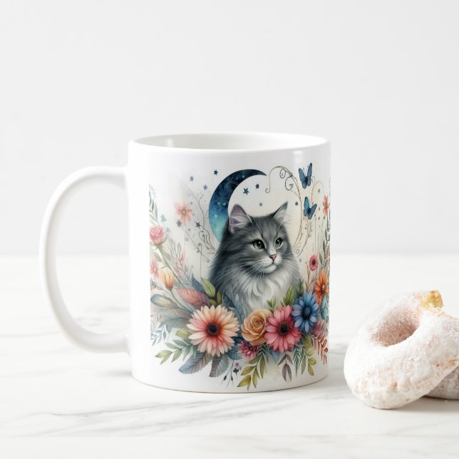 Pretty Grey Cat Portrait with Flowers Mug (With Donut)