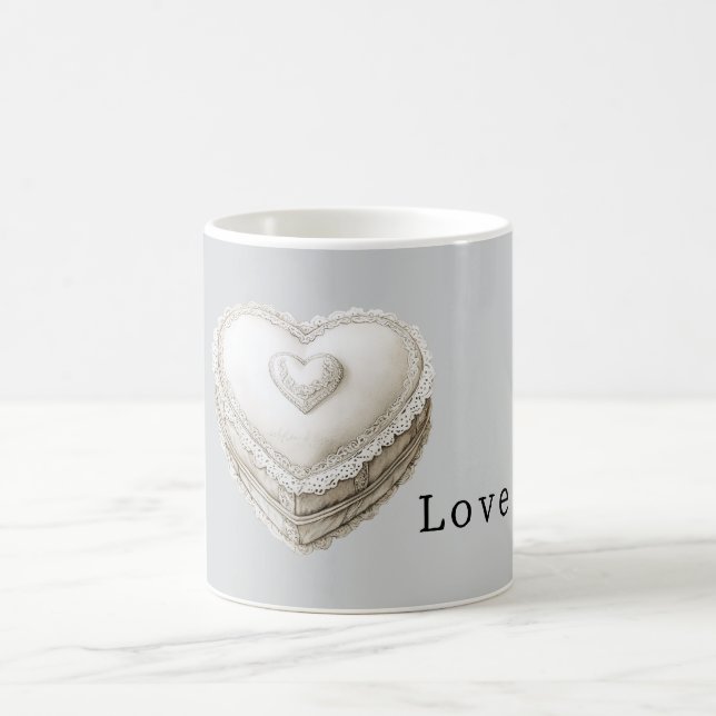 Pretty Grey Faux Lace White Heart Coffee Mug (Center)