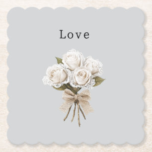Pretty Grey Faux Lace White Roses Floral Paper Coaster