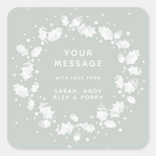 Pretty Grey Green Custom Christmas Holly Wreath Square Sticker