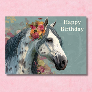 Pretty Grey Horse and Flowers Floral Birthday Card