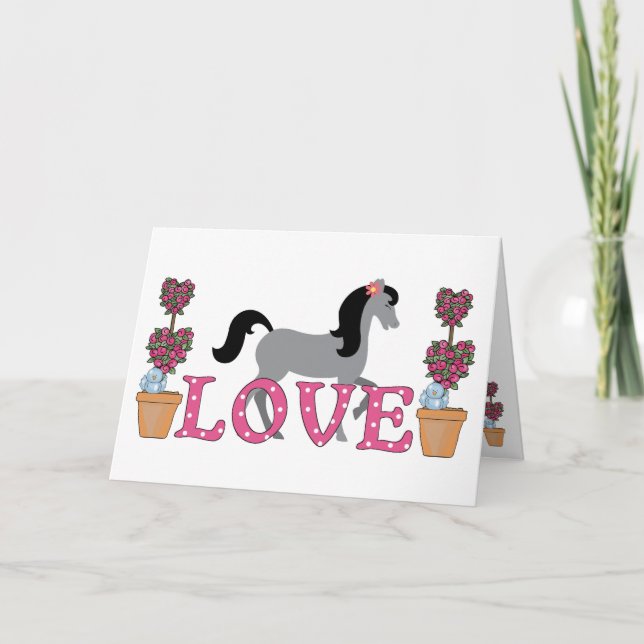 Pretty Grey Horse, Flowers Love Valentine's Day Holiday Card (Front)