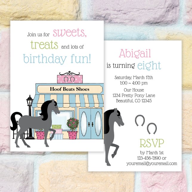 Pretty Grey Horse Pink, Green, Blue Birthday Party Invitation (Pretty Grey Horse Pink, Green, Blue Birthday Party Invitation)
