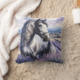 Pretty Grey Horse Standing in Lavender Cushion