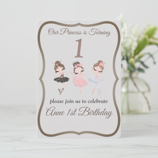 Pretty Grey Pink Ballerinas Princess 1st Birthday Invitation (Standing Front)