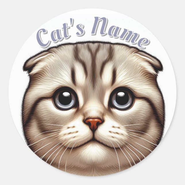 Pretty Grey Tabby Folded Ears Cat • Personalised Classic Round Sticker (Front)