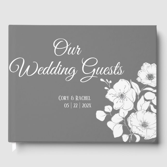 Pretty Grey with White Floral Wedding Guestbook (Front)