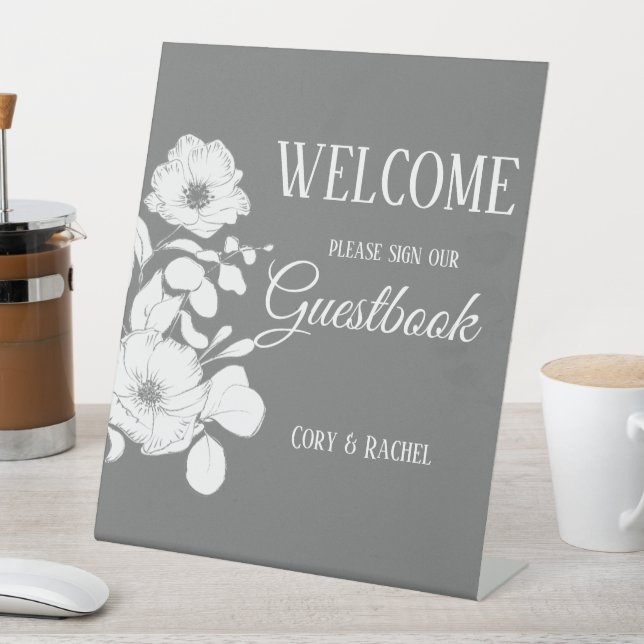 Pretty Grey with White Floral Wedding Guestbook  Pedestal Sign (In SItu)