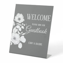 Pretty Grey with White Floral Wedding Guestbook 