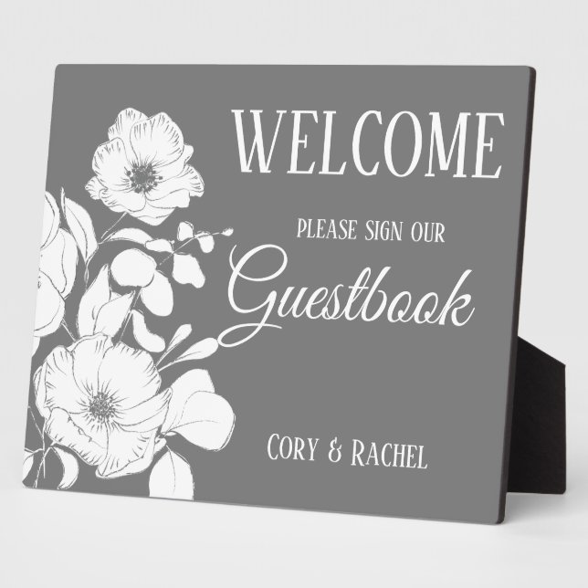 Pretty Grey with White Floral Wedding Guestbook  Plaque (Side)