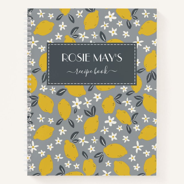 Pretty Grey Yellow Lemon Pattern Recipe Book (Front)
