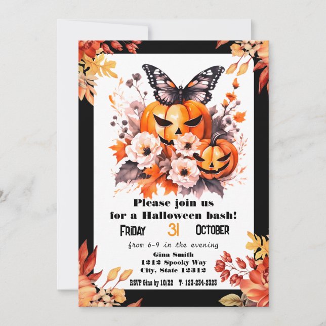 Pretty Halloween Floral Pumpkin Bash Party Invitation (Front)