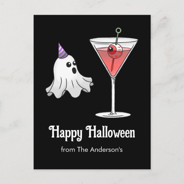 Pretty Halloween Ghost & Creepy Cocktail Holiday Postcard (Front)