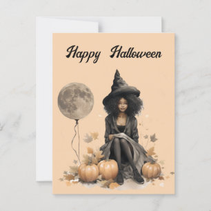 Pretty Halloween Witch and Full Moon Balloon Postcard
