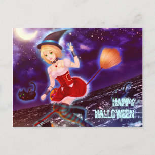 Pretty Halloween witch girl with flying pet cats Postcard