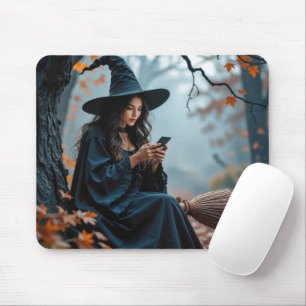 Pretty Halloween Witch Texting on a Cell Phone Mouse Mat