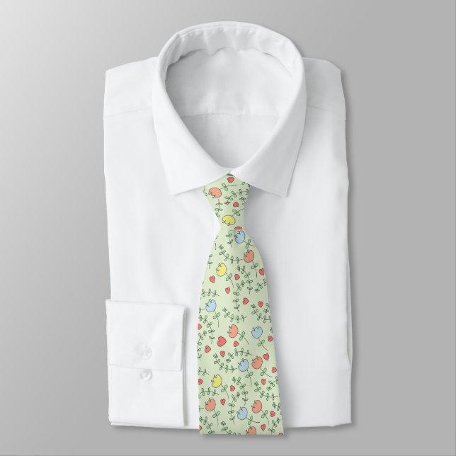 Pretty Hand Drawn Floral Pattern With Hearts Tie (Tied)