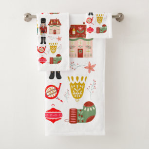 Pretty hand drawn folk art and nutcracker pattern bath towel set