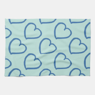 Pretty hand drawn hearts design blue on blue tea towel