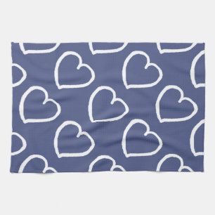 Pretty hand drawn hearts design white on dark blue tea towel