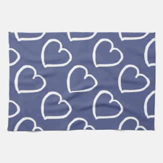 Pretty hand drawn hearts design white on dark blue tea towel