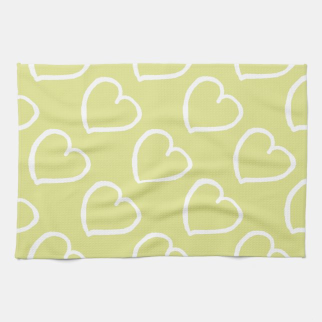 Pretty hand drawn hearts design white on green tea towel (Horizontal)