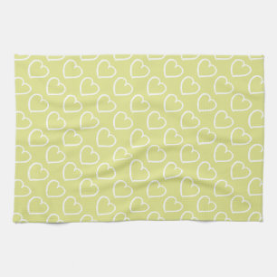 Pretty hand drawn hearts design white on green tea towel