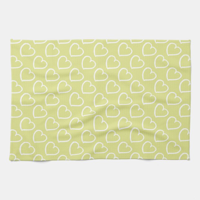Pretty hand drawn hearts design white on green tea towel (Horizontal)