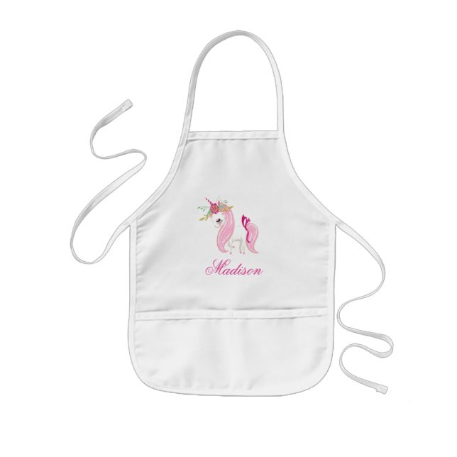Pretty Hand Drawn Pink Unicorn Kid's Apron HP (Front)