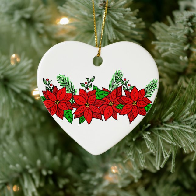 Pretty Hand drawn Poinsettias Personalised Ceramic Tree Decoration (Tree)