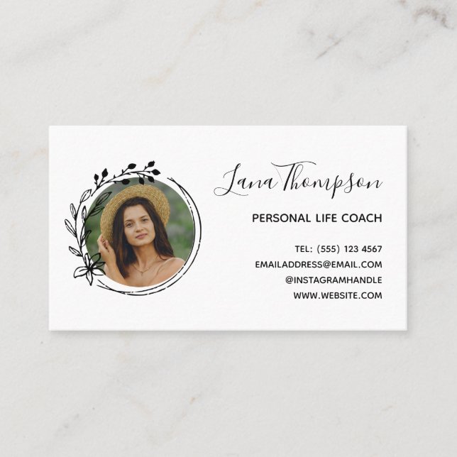 Pretty Hand Drawn Wreath with Photo Business Card (Front)