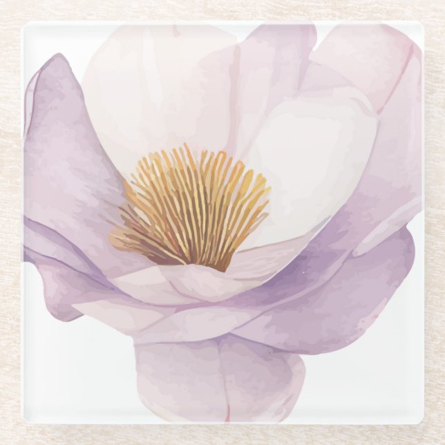 Pretty hand illustrated light lilac Flower Print Glass Coaster (Front)