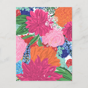 Pretty Hand Painted Colourful Flowers Holiday Postcard