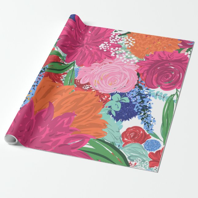 Pretty Hand Painted Colourful Flowers Wrapping Paper (Unrolled)