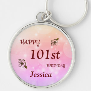 Pretty Happy 101st Birthday Personalised Key Ring