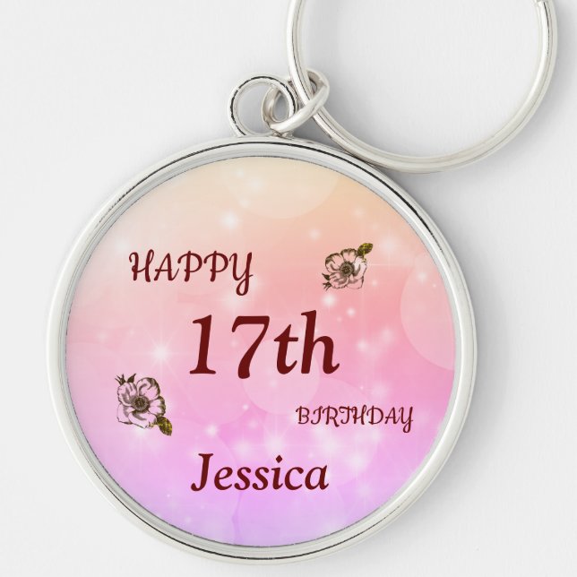 Pretty Happy 17th Birthday Personalised Key Ring (Front)