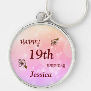 Pretty Happy 19th Birthday Personalised Key Ring