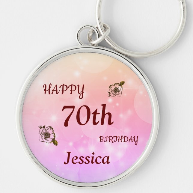 Pretty Happy 70th Birthday Personalised Key Ring (Front)