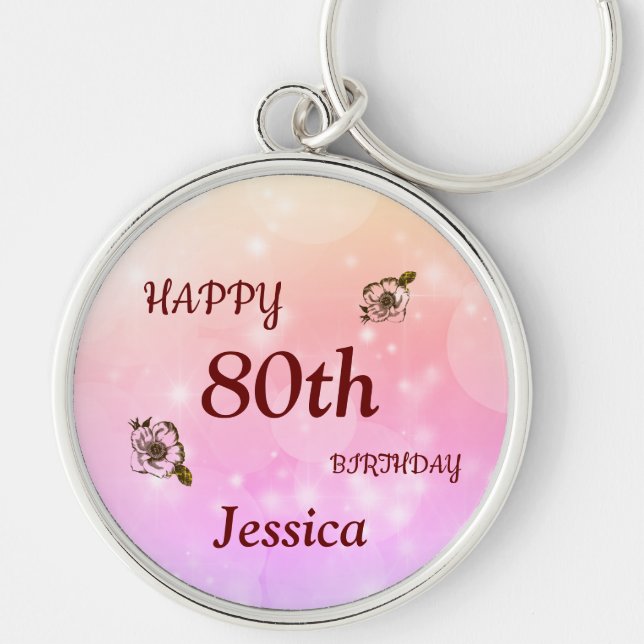 Pretty Happy 80th Birthday Personalised Key Ring (Front)