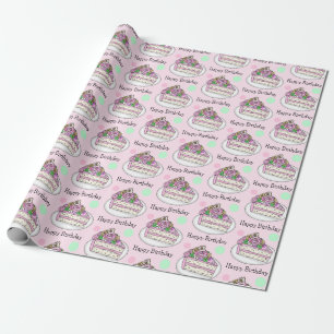 Pretty Happy Birthday Birthday Cake Flowers Wrapping Paper