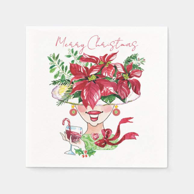 Pretty Hat Woman Watercolor Christmas Paper Napkin (Front)