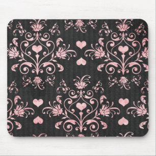 pretty heart pink damask on washed black mouse mat